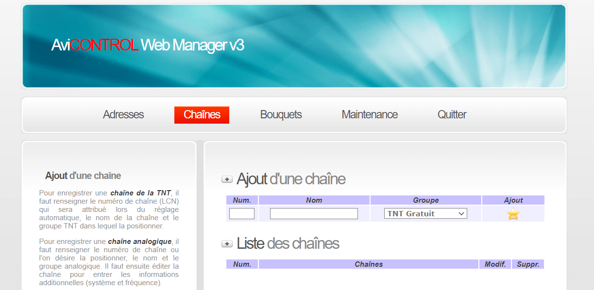 AVICONTROL Web Manager Chaînes